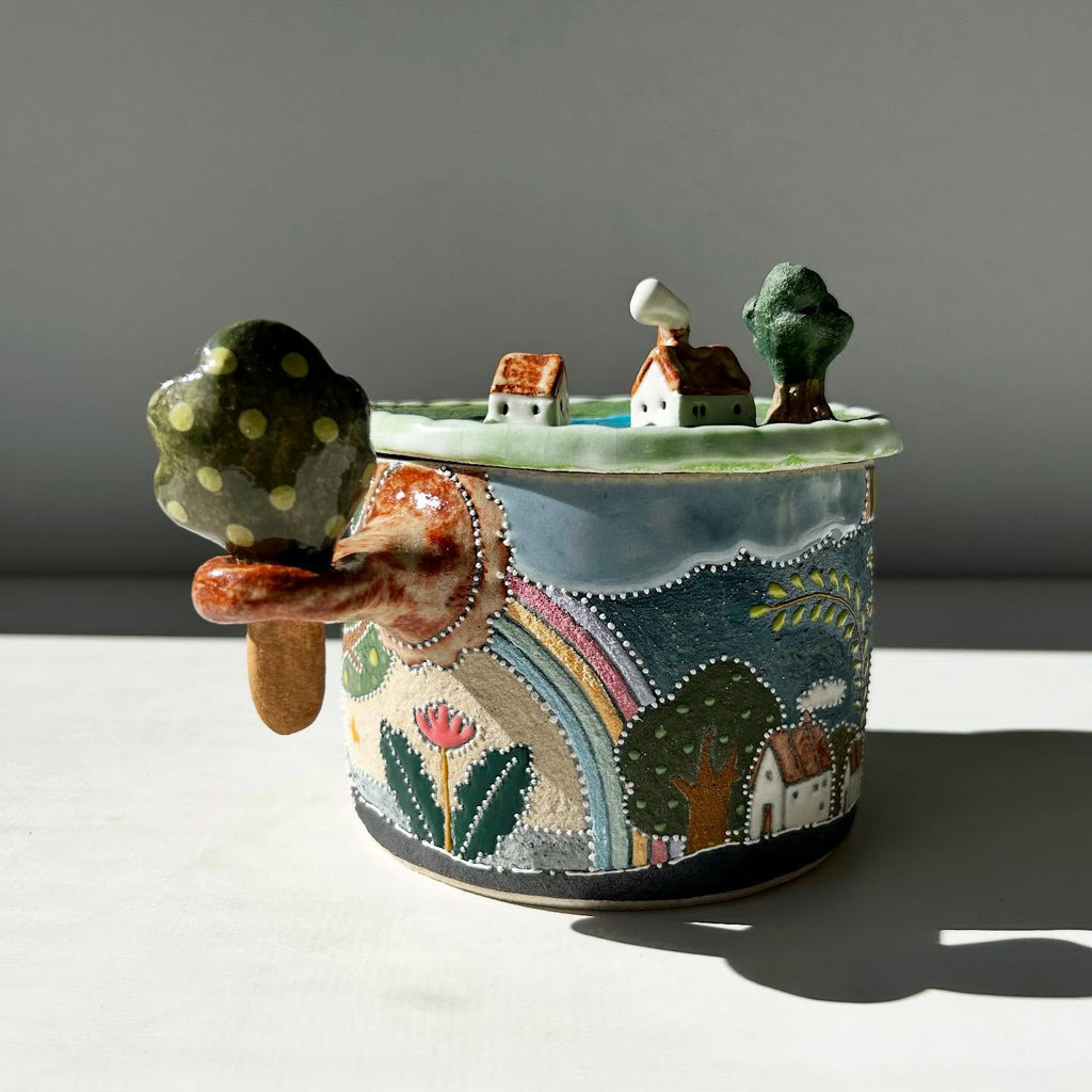 Handmade Ceramic Bunny Jar with 3D Village Lid | Whimsical Illustrated Pottery Container | Cute Woodland Home Decor | Unique Gift for Her