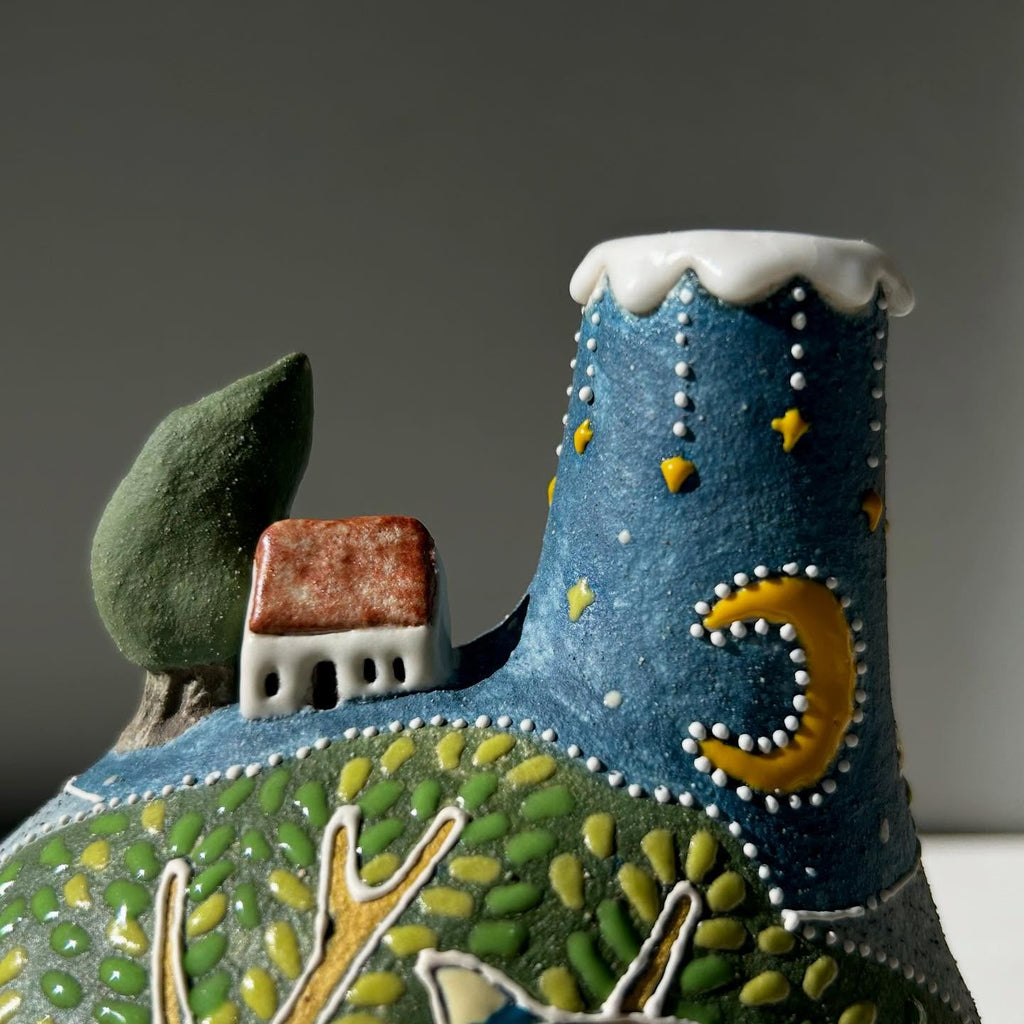 Handmade Ceramic Tree of Life Vase | Whimsical Illustrated Pottery Bottle with Deer & Moon | Cute Woodland Home Decor | Unique Gift for Her