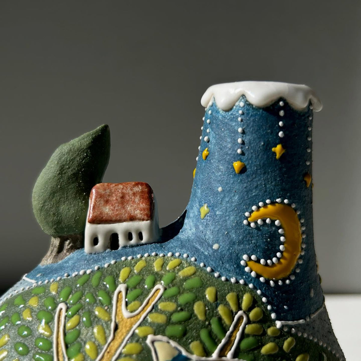 Handmade Ceramic Tree of Life Vase | Whimsical Illustrated Pottery Bottle with Deer & Moon | Cute Woodland Home Decor | Unique Gift for Her