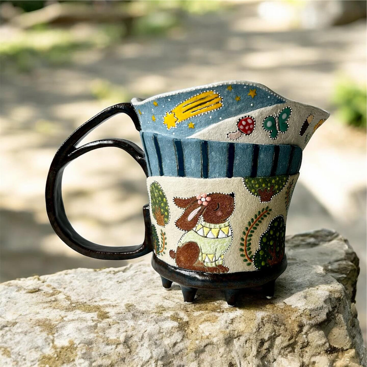 Handmade Ceramic Pitcher with Hedgehog & Duck Pond Illustration | Whimsical Folk Art Pottery Jug | Unique Nature Lover Gift | Storybook Home Decor