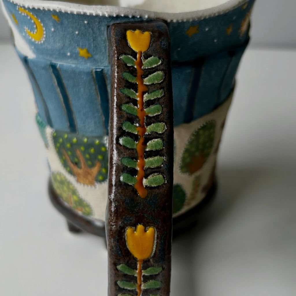 Handmade Ceramic Pitcher with Hedgehog & Duck Pond Illustration | Whimsical Folk Art Pottery Jug | Unique Nature Lover Gift | Storybook Home Decor