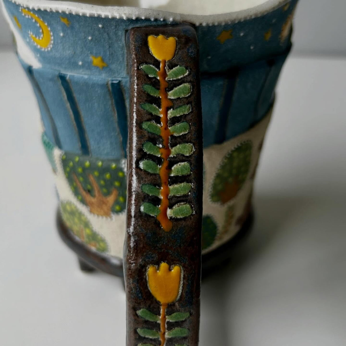 Handmade Ceramic Pitcher with Hedgehog & Duck Pond Illustration | Whimsical Folk Art Pottery Jug | Unique Nature Lover Gift | Storybook Home Decor