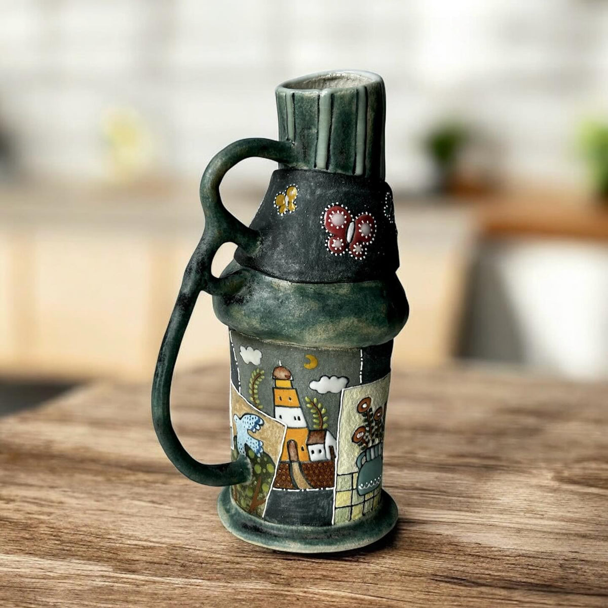 Handmade Ceramic Cat Mug with Sculptural Handle | Whimsical Illustrated Pottery Cup | Cozy Cat Lover Gift | Unique Art Coffee Mug