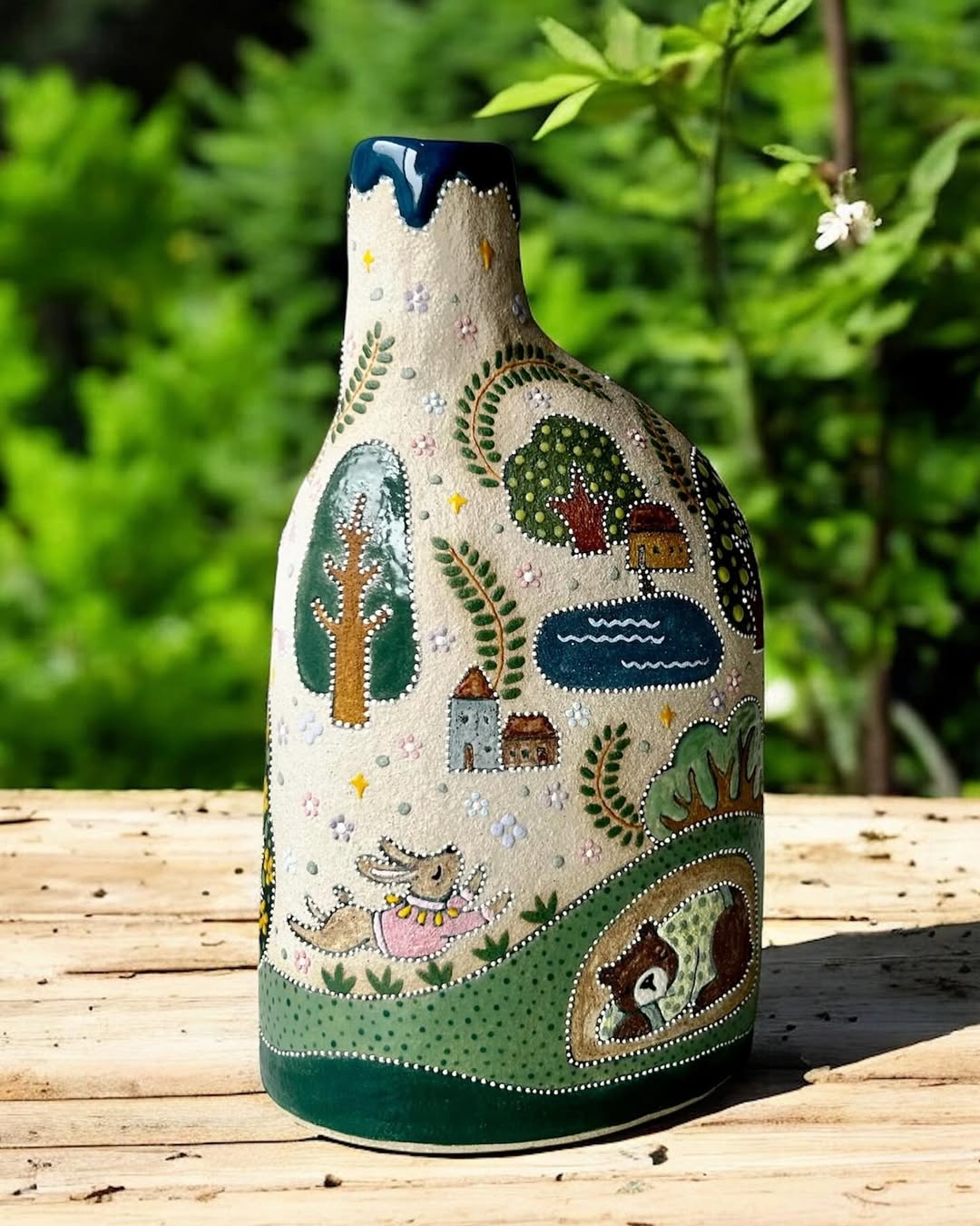 Handmade Ceramic Sleeping Fox Vase | Whimsical Woodland Pottery Bottle with 3D Leaves | Cute Nature Home Decor | Unique Gift for Her