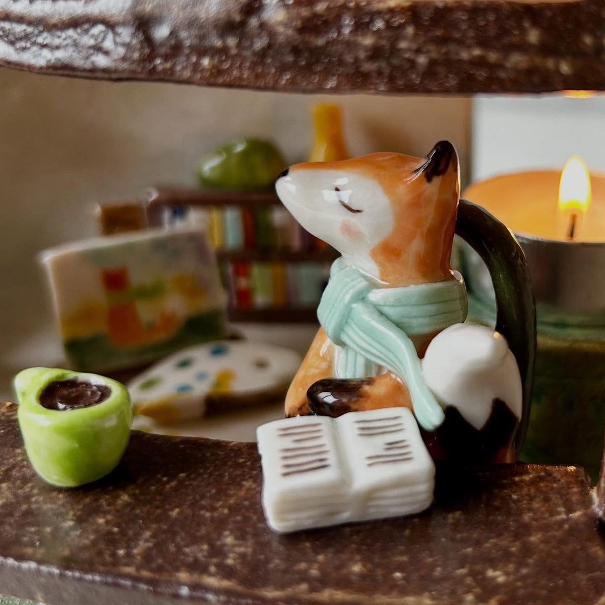 Handmade Ceramic Fox Reading Nook Candle Holder | Whimsical Woodland Cottage with Bookshelf & Flower Top | Unique Pottery Home Decor | Cozy Gift for Her