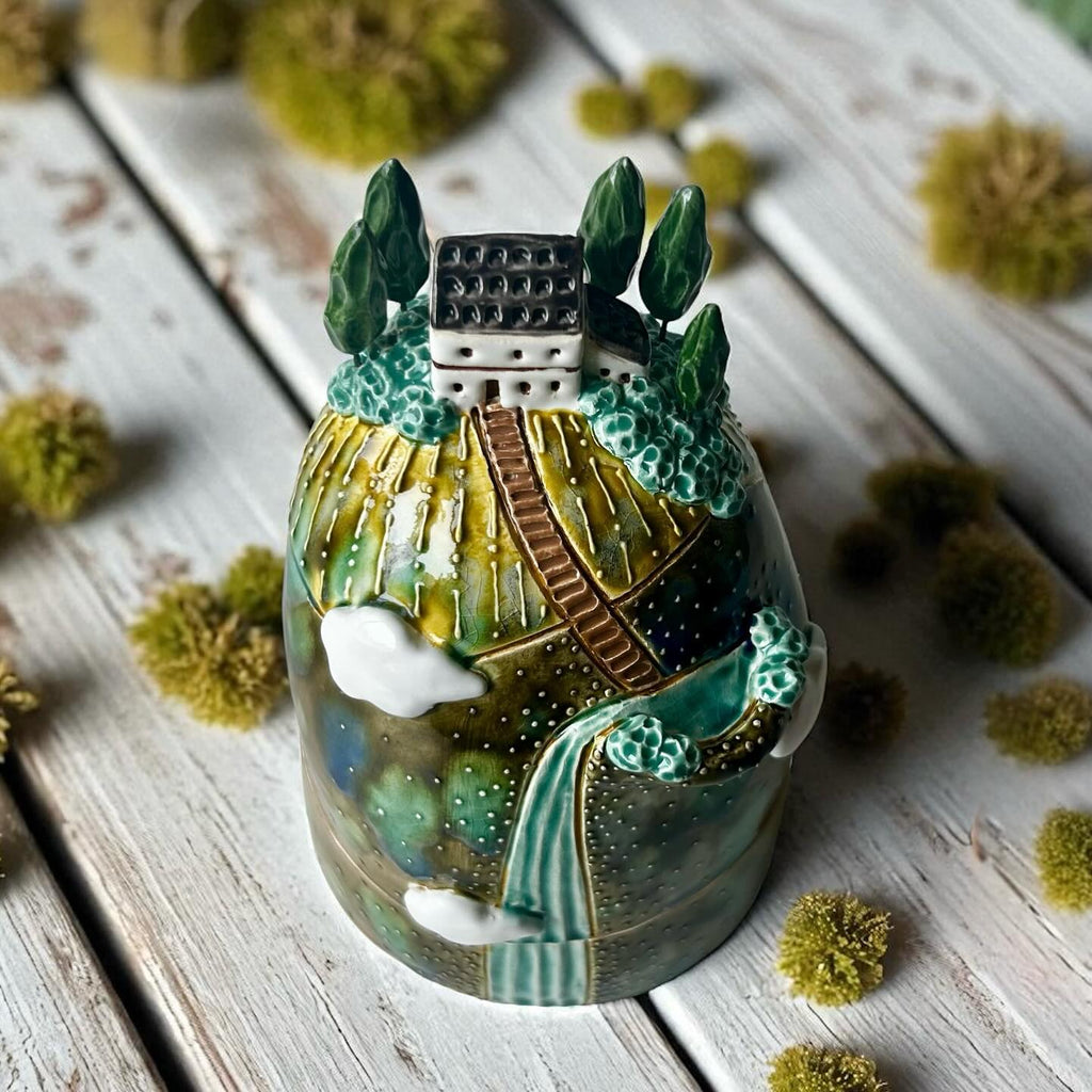 Handmade Ceramic Mountain Village Jar with Waterfall | Whimsical 3D Landscape Pottery Container | Unique Nature Home Decor | Gift for Her