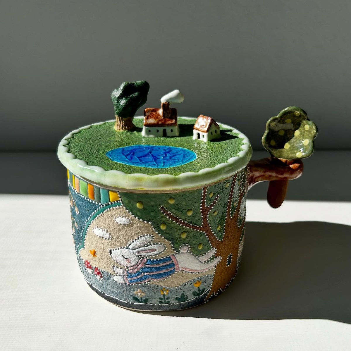 Handmade Ceramic Bunny Jar with 3D Village Lid | Whimsical Illustrated Pottery Container | Cute Woodland Home Decor | Unique Gift for Her