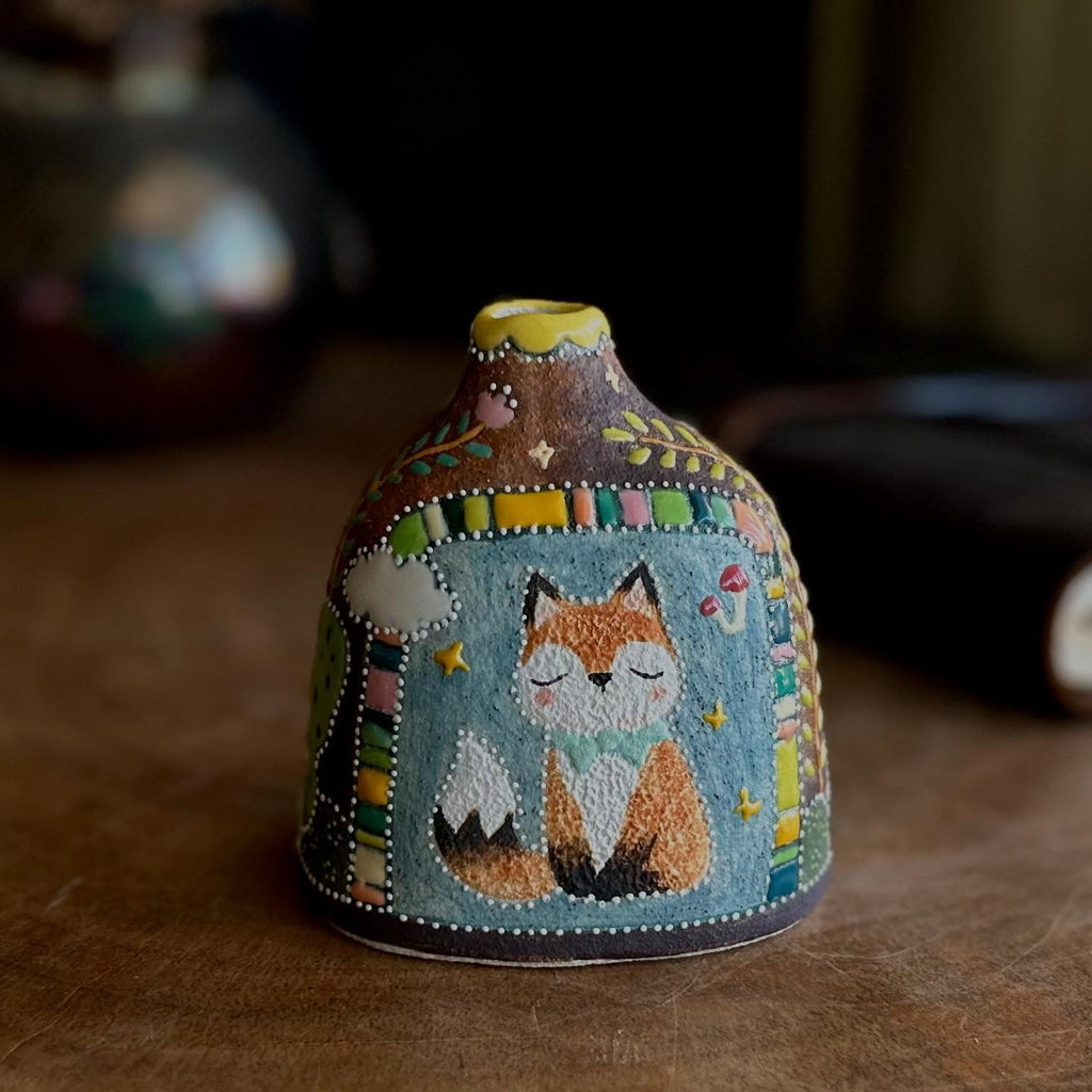 Handmade Ceramic Fox Vase | Whimsical Illustrated Pottery Bottle with Patchwork Border | Cute Woodland Home Decor | Unique Gift for Her