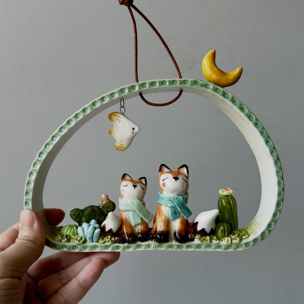 Handmade Ceramic Fox Wall Hanging | Whimsical Woodland Diorama with Moon & Cloud | Cute Pottery Ornament | Unique Nature Lover Gift