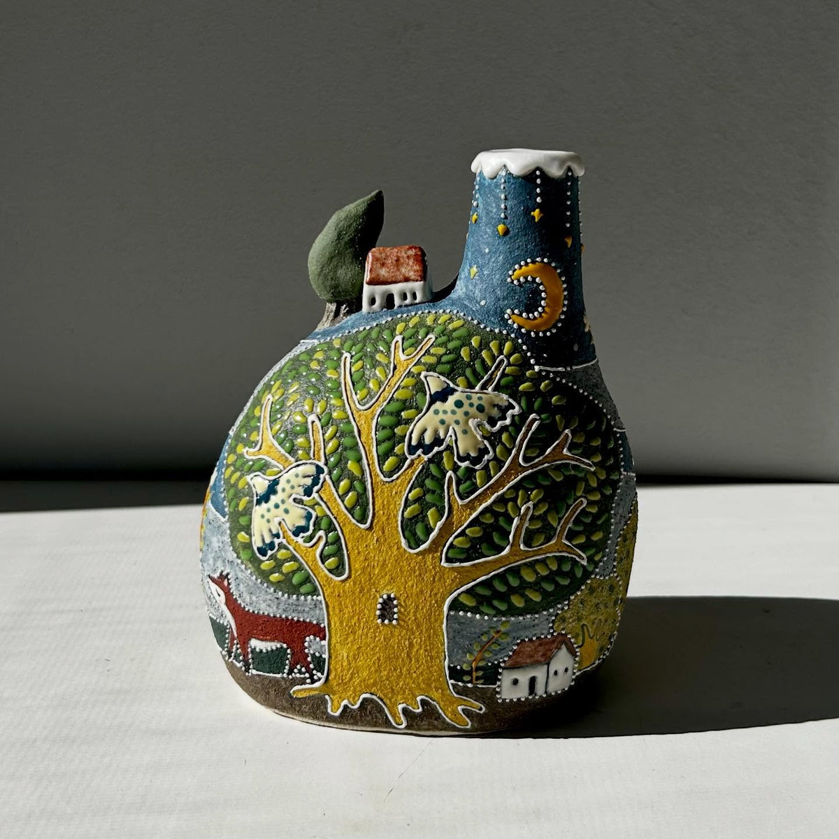 Handmade Ceramic Tree of Life Vase | Whimsical Illustrated Pottery Bottle with Deer & Moon | Cute Woodland Home Decor | Unique Gift for Her