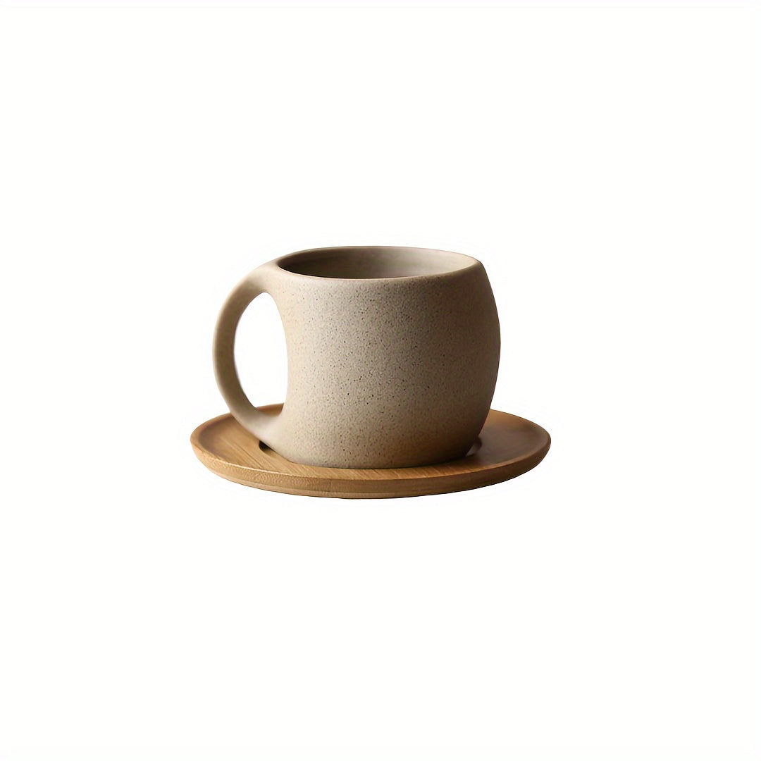 Black Ceramic Coffee Mug with Wooden Saucer | 7oz/12.3oz, Microwave & Dishwasher Safe