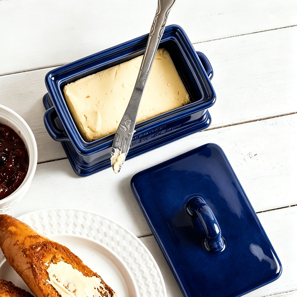 Large Farmhouse Butter Keeper – Ceramic Butter Dish with Wood Lid for All Butter Shapes