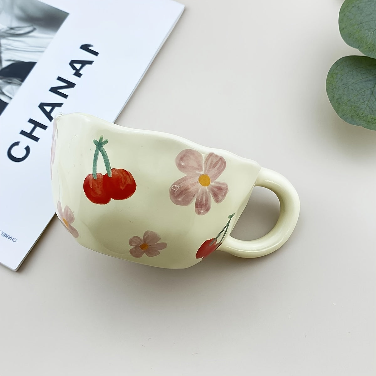 Hand-Pinched Irregular Flower Ceramic Cup | Korean-Style Oatmeal Breakfast Mug