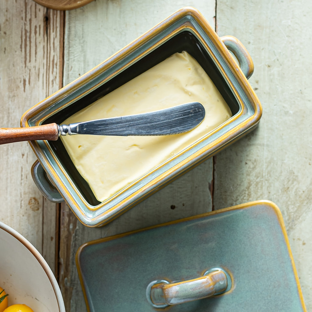 Large Farmhouse Butter Keeper – Ceramic Butter Dish with Wood Lid for All Butter Shapes