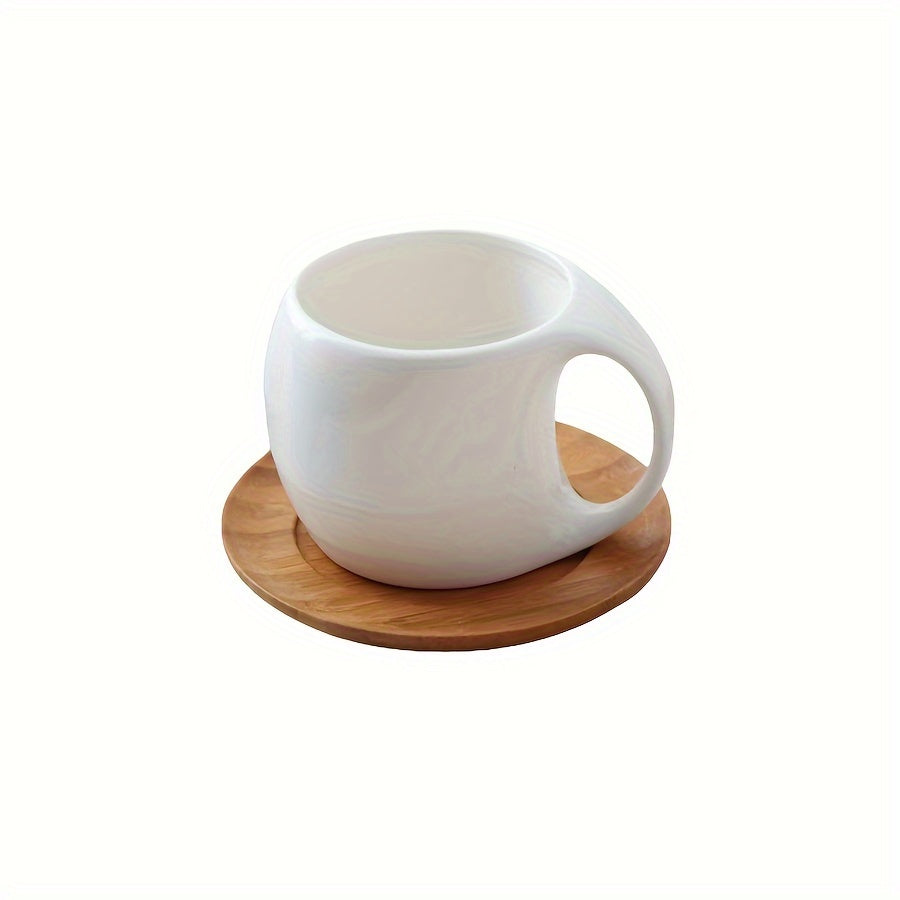 Black Ceramic Coffee Mug with Wooden Saucer | 7oz/12.3oz, Microwave & Dishwasher Safe