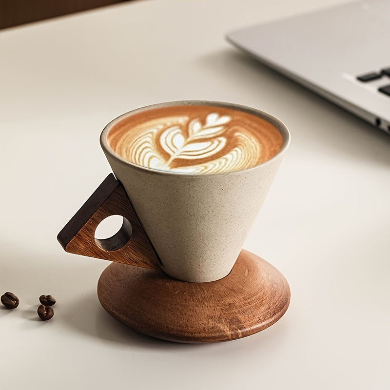 Handcrafted Ceramic Latte Cup with Wooden Handle & Coaster | 100ml/250ml Wide-Mouth Coffee Mug