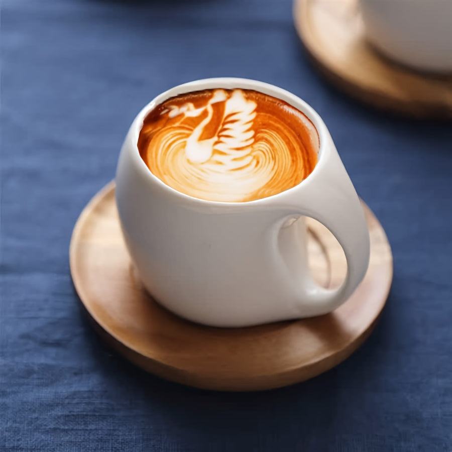 Black Ceramic Coffee Mug with Wooden Saucer | 7oz/12.3oz, Microwave & Dishwasher Safe