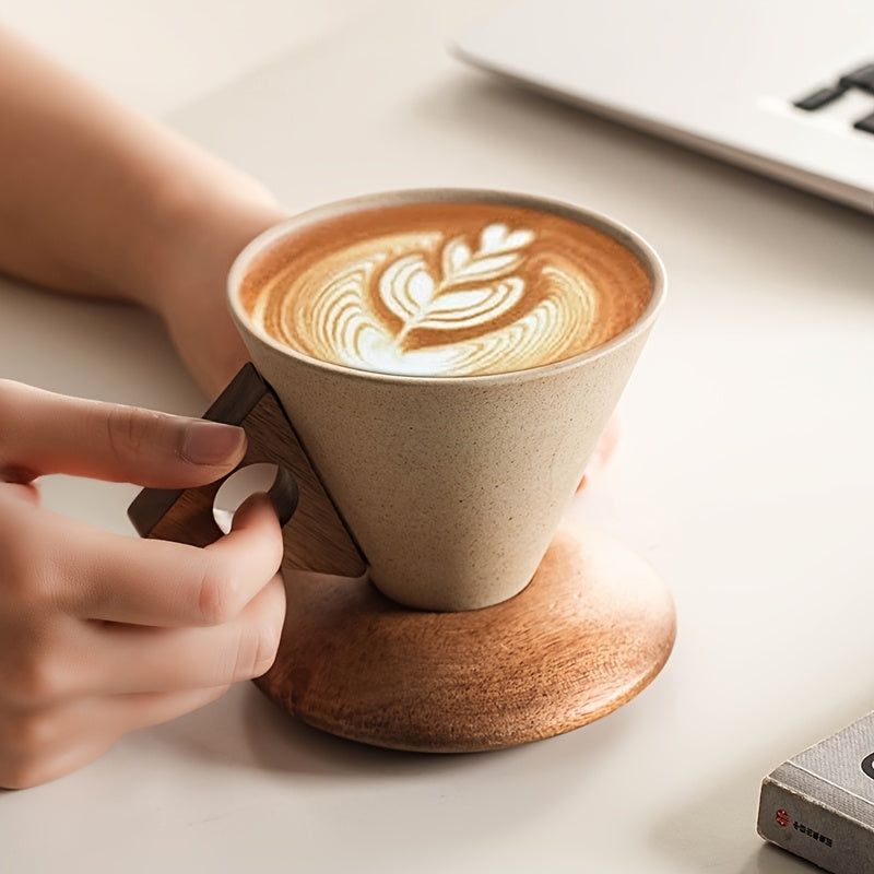 Handcrafted Ceramic Latte Cup with Wooden Handle & Coaster | 100ml/250ml Wide-Mouth Coffee Mug