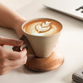 Handcrafted Ceramic Latte Cup with Wooden Handle & Coaster | 100ml/250ml Wide-Mouth Coffee Mug
