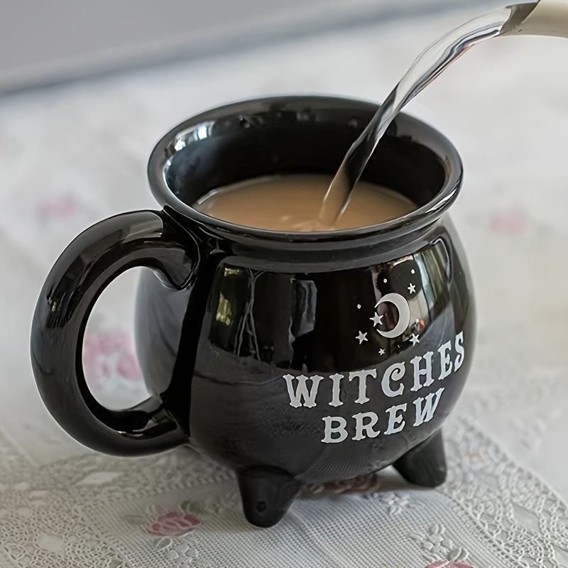 Witch Cauldron Ceramic Mug | 13.53oz Black Coffee Mug for Halloween & Spooky Vibes