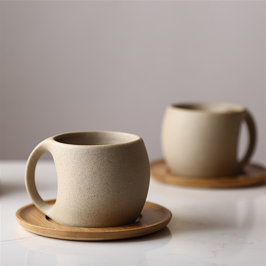 Black Ceramic Coffee Mug with Wooden Saucer | 7oz/12.3oz, Microwave & Dishwasher Safe
