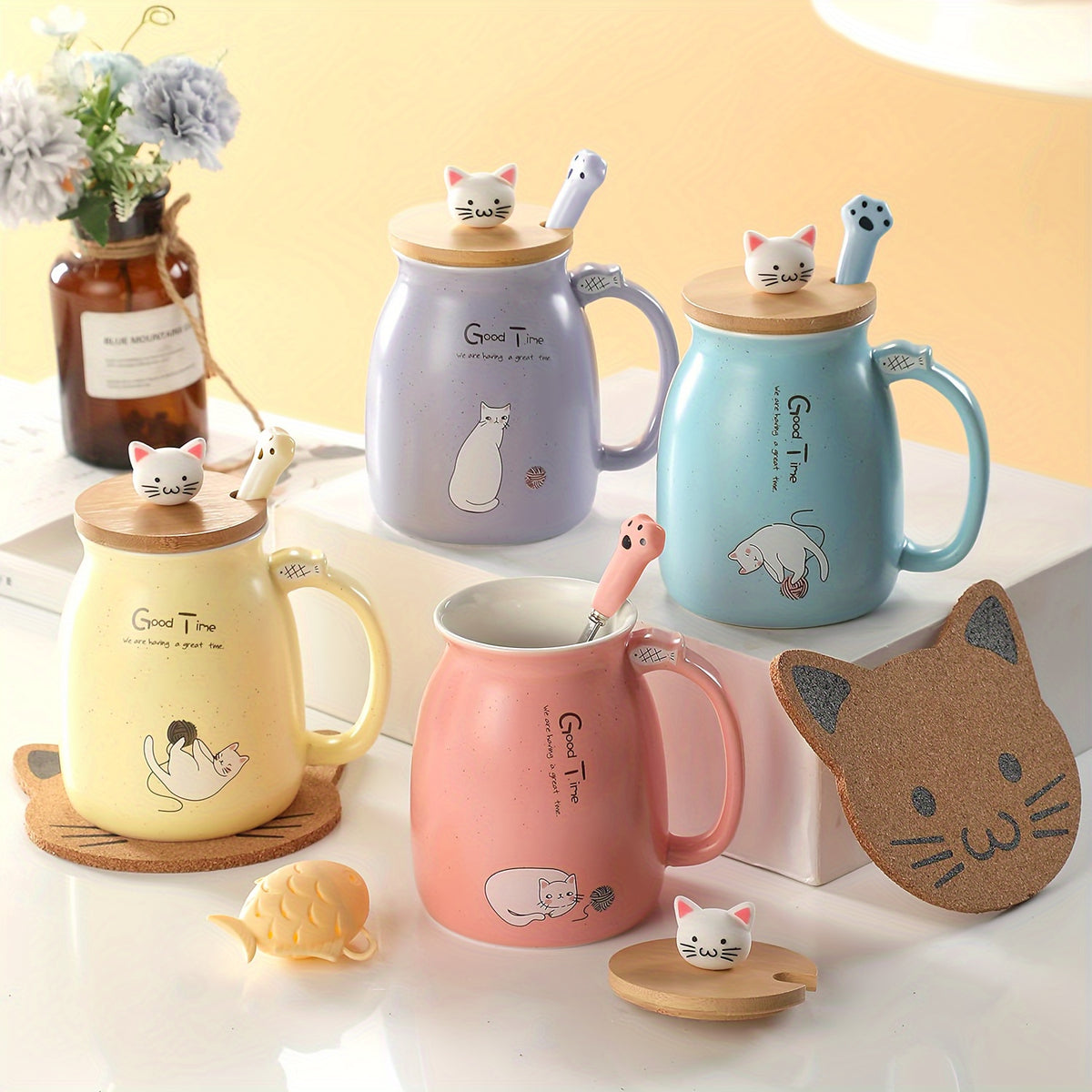 Cat Lovers Kawaii Mug – 13oz Ceramic Tea & Coffee Cup with Lid and Spoon