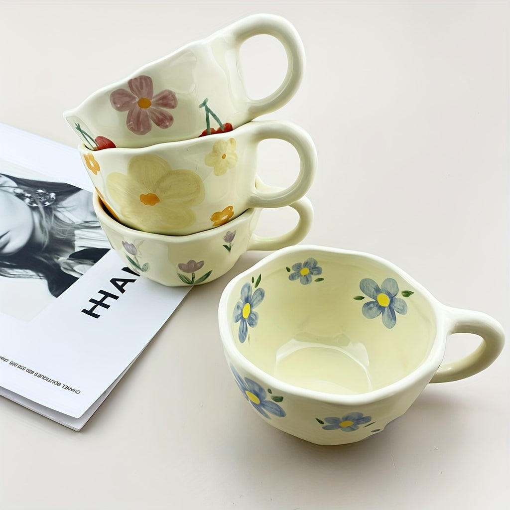 Hand-Pinched Irregular Flower Ceramic Cup | Korean-Style Oatmeal Breakfast Mug
