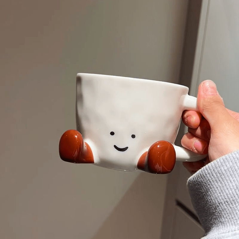 Cute Caramel-Colored Ceramic Cup – Light Luxury Coffee Mug with Cartoon Underglaze Design