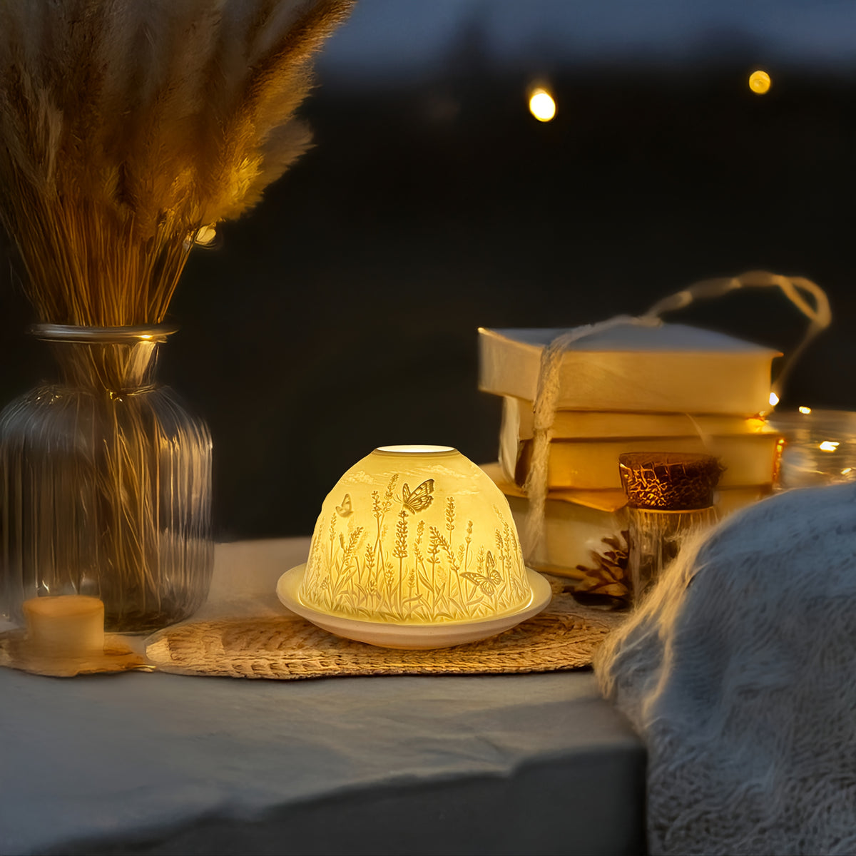 Porcelain Dome Tealight Holder Set | Lavender & Butterfly Design with 3D Projection