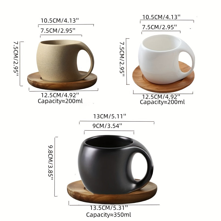 Black Ceramic Coffee Mug with Wooden Saucer | 7oz/12.3oz, Microwave & Dishwasher Safe