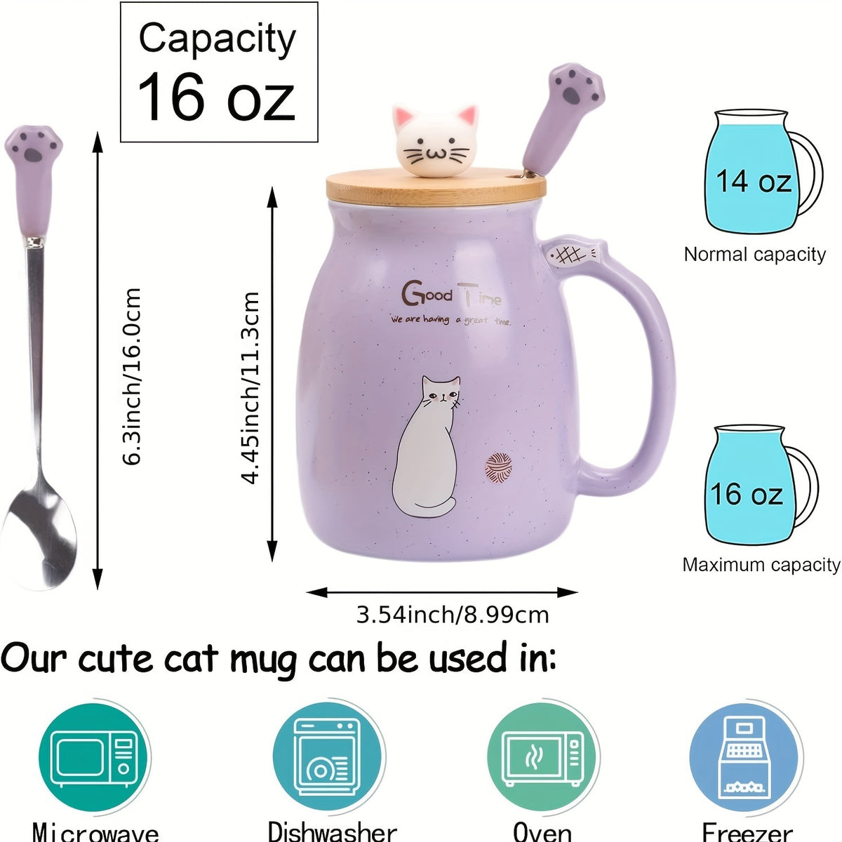 Cat Lovers Kawaii Mug – 13oz Ceramic Tea & Coffee Cup with Lid and Spoon