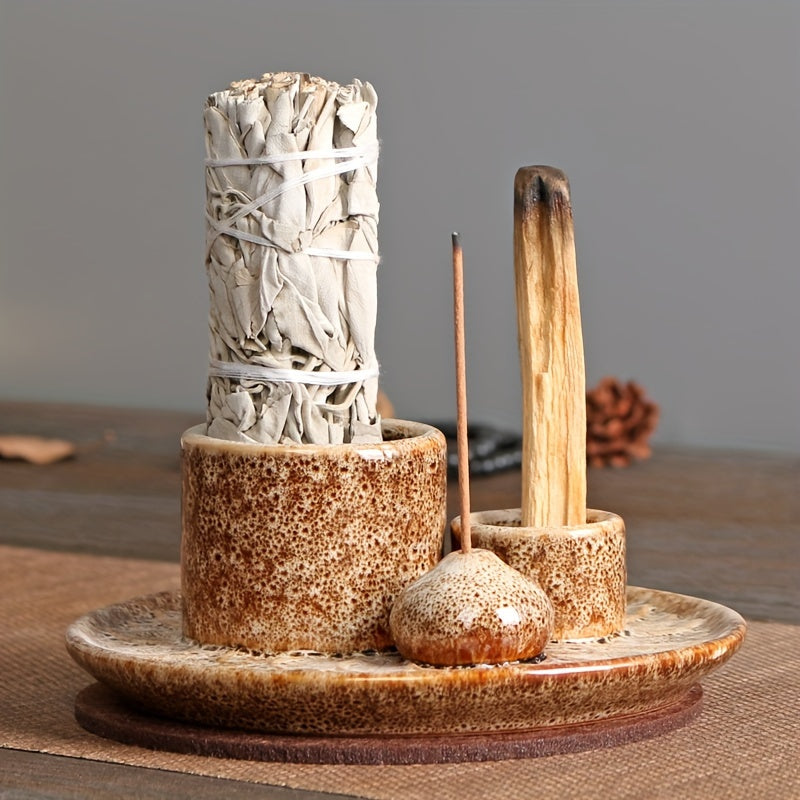 4-in-1 Ceramic Incense Holder | Palo Santo, Sage & Stick Holder with Candle Burner