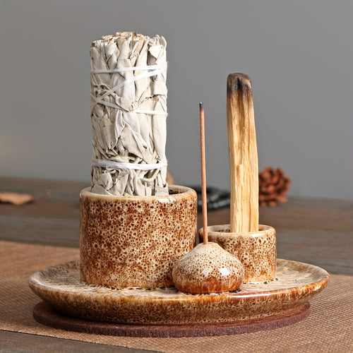 4-in-1 Ceramic Incense Holder | Palo Santo, Sage & Stick Holder with Candle Burner