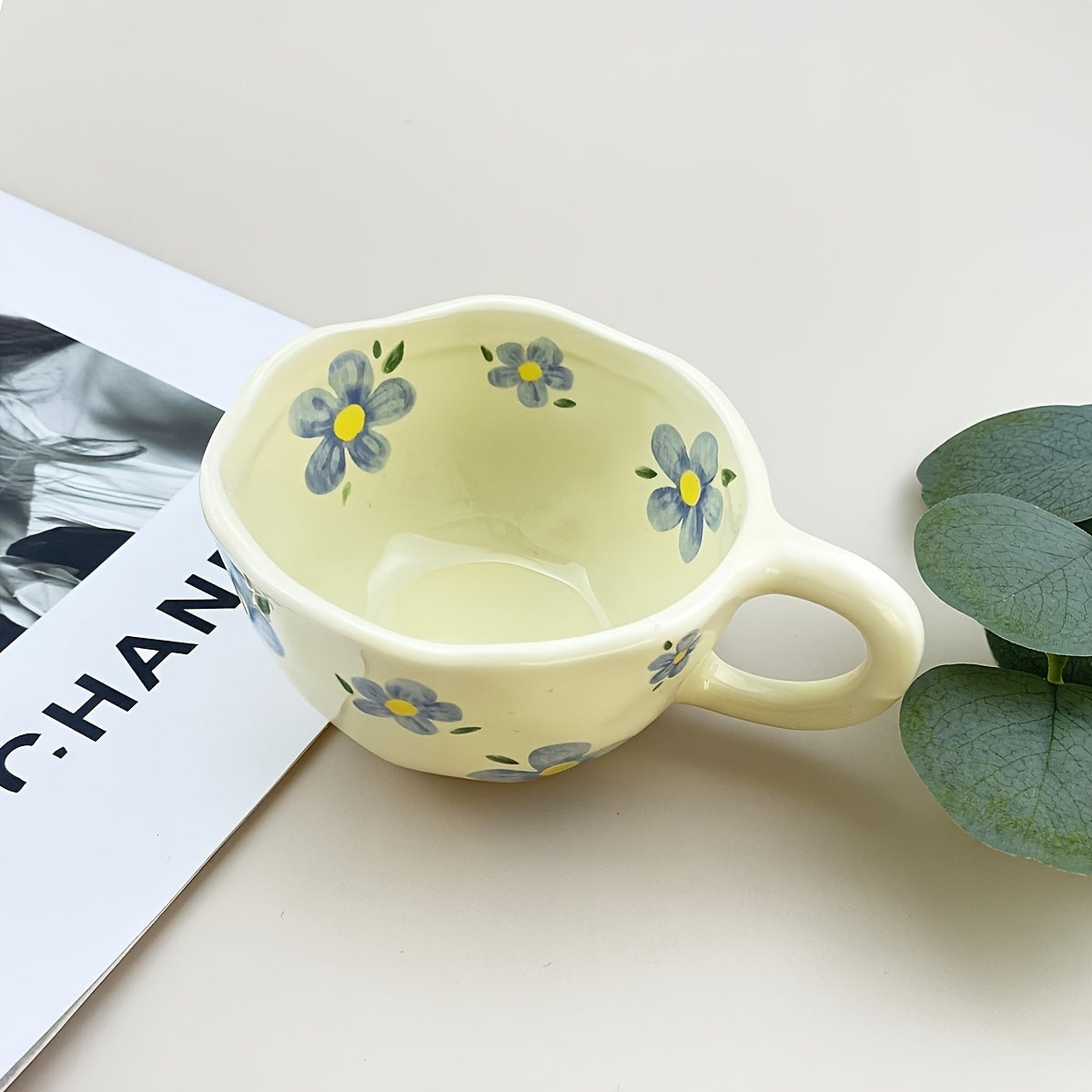 Hand-Pinched Irregular Flower Ceramic Cup | Korean-Style Oatmeal Breakfast Mug