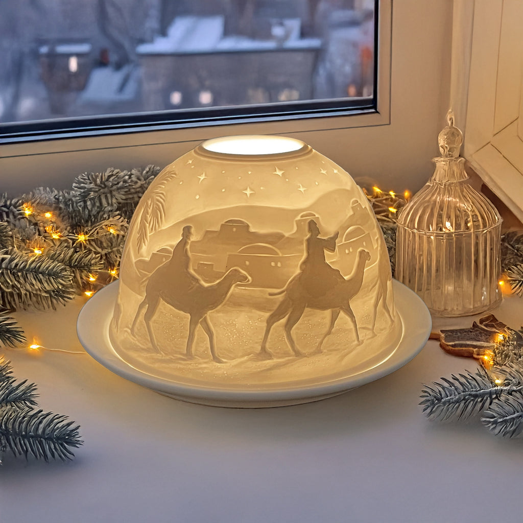 Porcelain Dome Tealight Holder, Set of Shade & Plate, Nativity Scene Design, A Stunning Candle Holder Projecting a 3D Image, Gifts for Christmas & Christmas Ornament, Living, Dining Room Table, Home Decor Accessories.