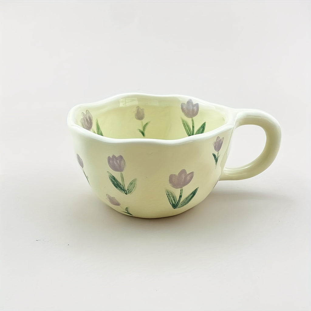 Hand-Pinched Irregular Flower Ceramic Cup | Korean-Style Oatmeal Breakfast Mug