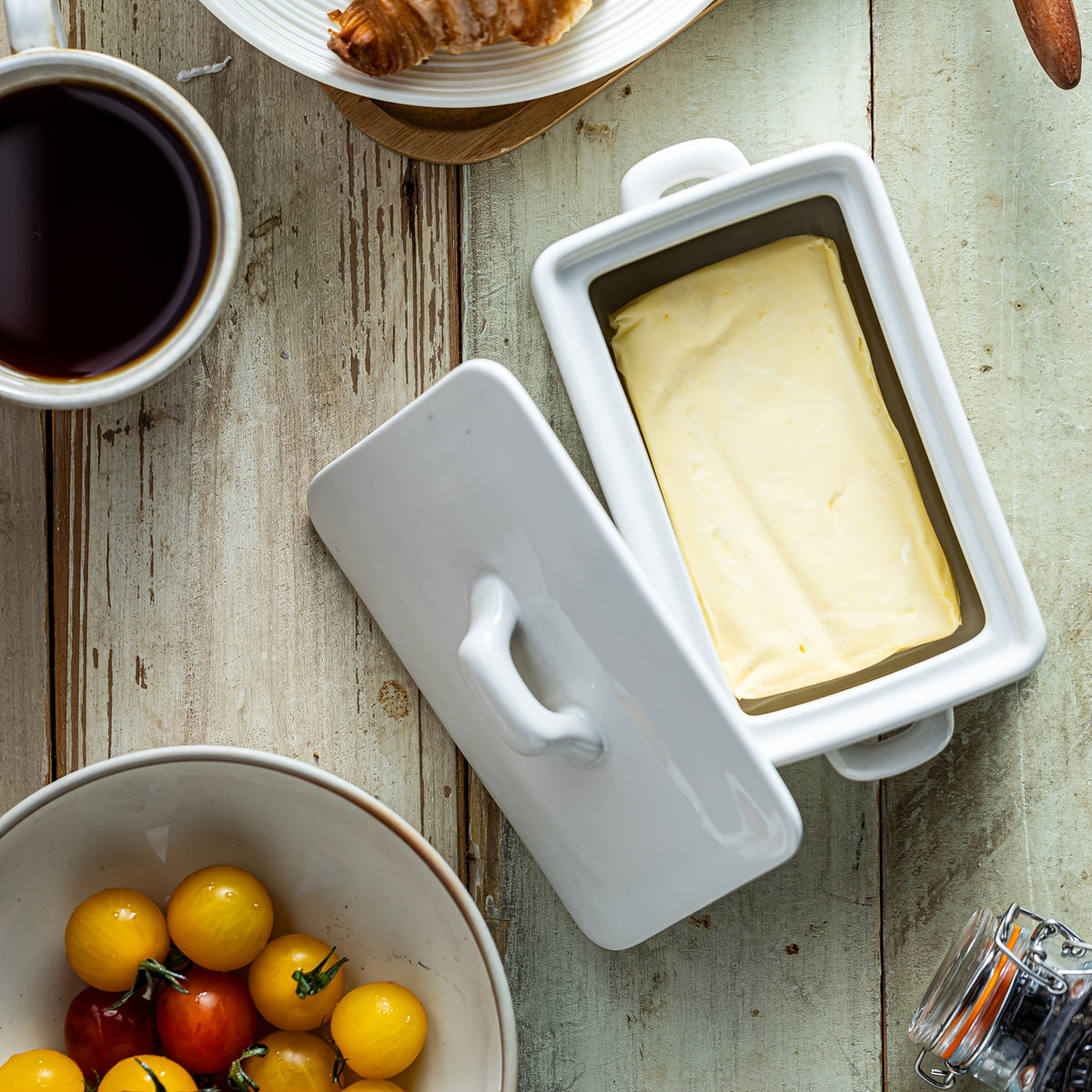 Large Farmhouse Butter Keeper – Ceramic Butter Dish with Wood Lid for All Butter Shapes