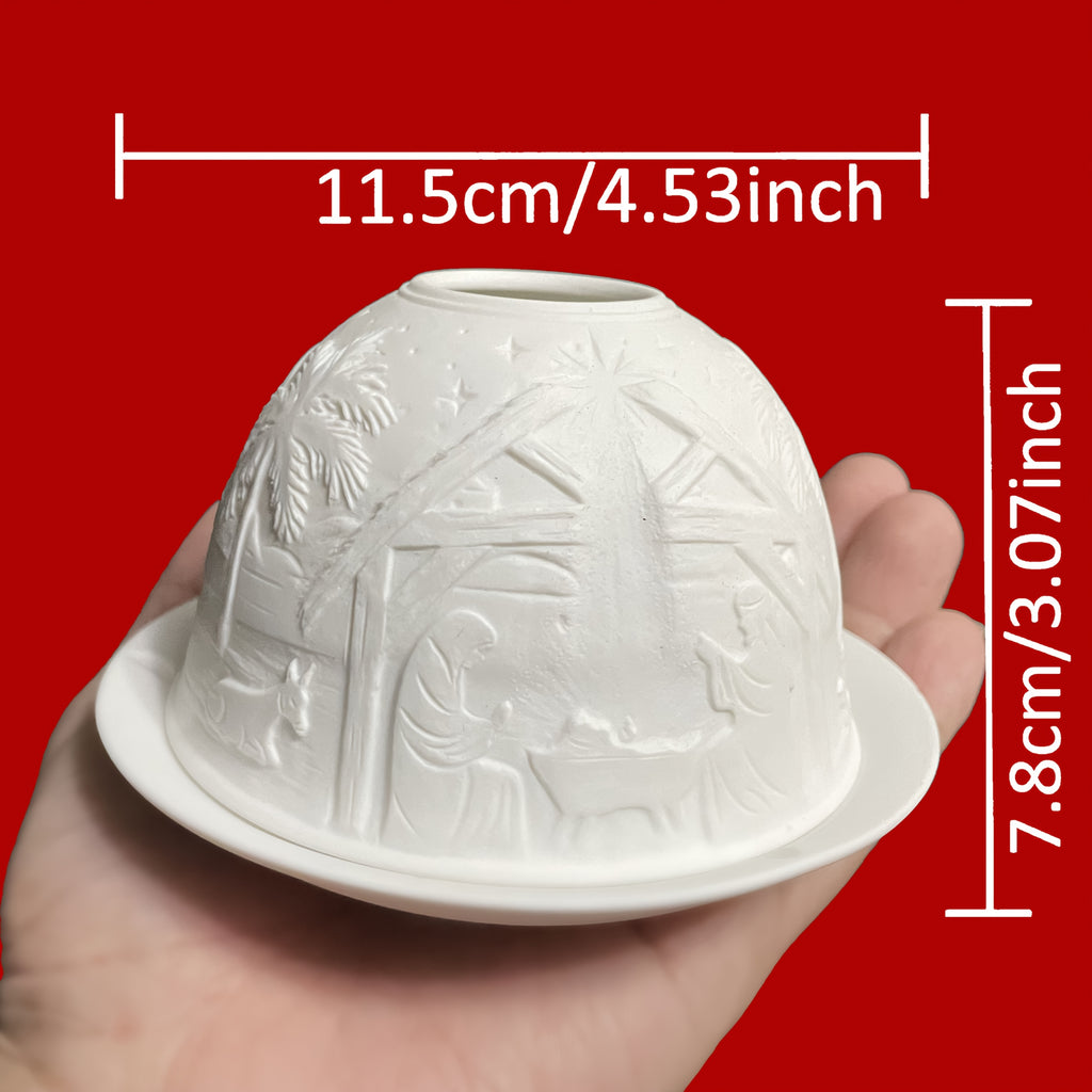 Porcelain Dome Tealight Holder, Set of Shade & Plate, Nativity Scene Design, A Stunning Candle Holder Projecting a 3D Image, Gifts for Christmas & Christmas Ornament, Living, Dining Room Table, Home Decor Accessories.