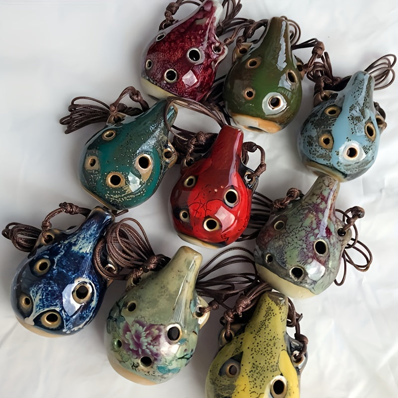 Vintage 6-Hole Ceramic Ocarina Flute | Mini Portable Wind Instrument with Adjustable Necklace