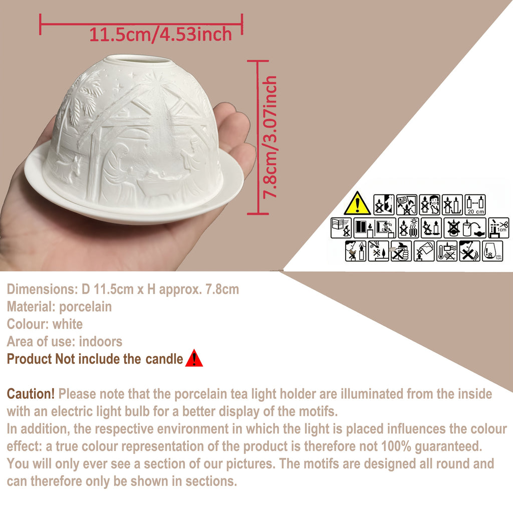 Porcelain Dome Tealight Holder, Set of Shade & Plate, Nativity Scene Design, A Stunning Candle Holder Projecting a 3D Image, Gifts for Christmas & Christmas Ornament, Living, Dining Room Table, Home Decor Accessories.