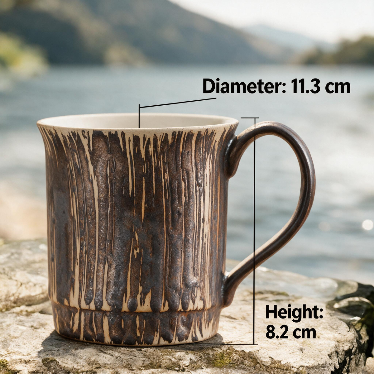 Artisanal Handcrafted Ceramic Coffee Mug – 9 oz Rustic Brown & Beige Vertical Drip Glaze Stoneware Cup with Textured Finish – Unique Pottery Tea Cup for Home & Office