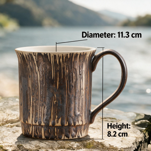 Artisanal Handcrafted Ceramic Coffee Mug – 9 oz Rustic Brown & Beige Vertical Drip Glaze Stoneware Cup with Textured Finish – Unique Pottery Tea Cup for Home & Office