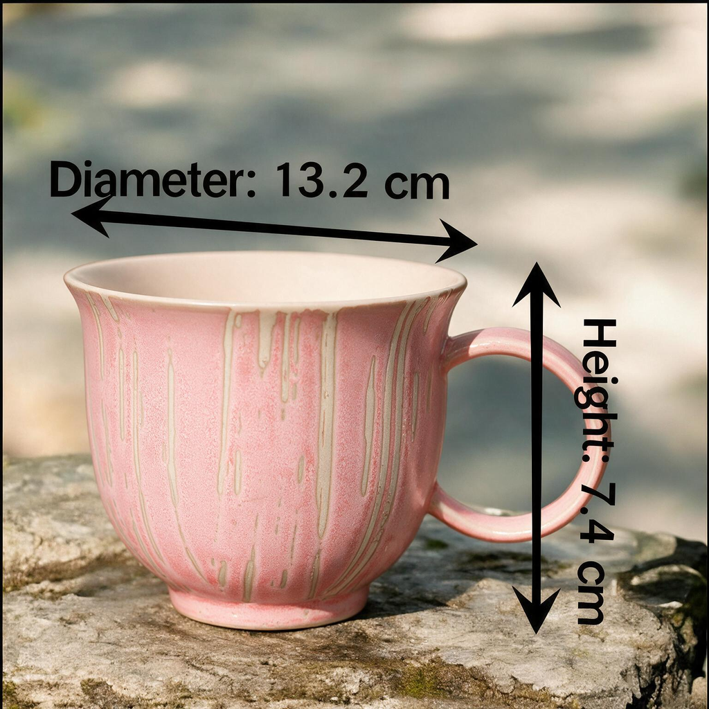 Artisanal Handcrafted Ceramic Coffee Mug – 9.5 oz Rustic Pink & Cream Vertical Drip Glaze Stoneware Cup with Ring Handle – Unique Pottery Tea Cup for Home & Office