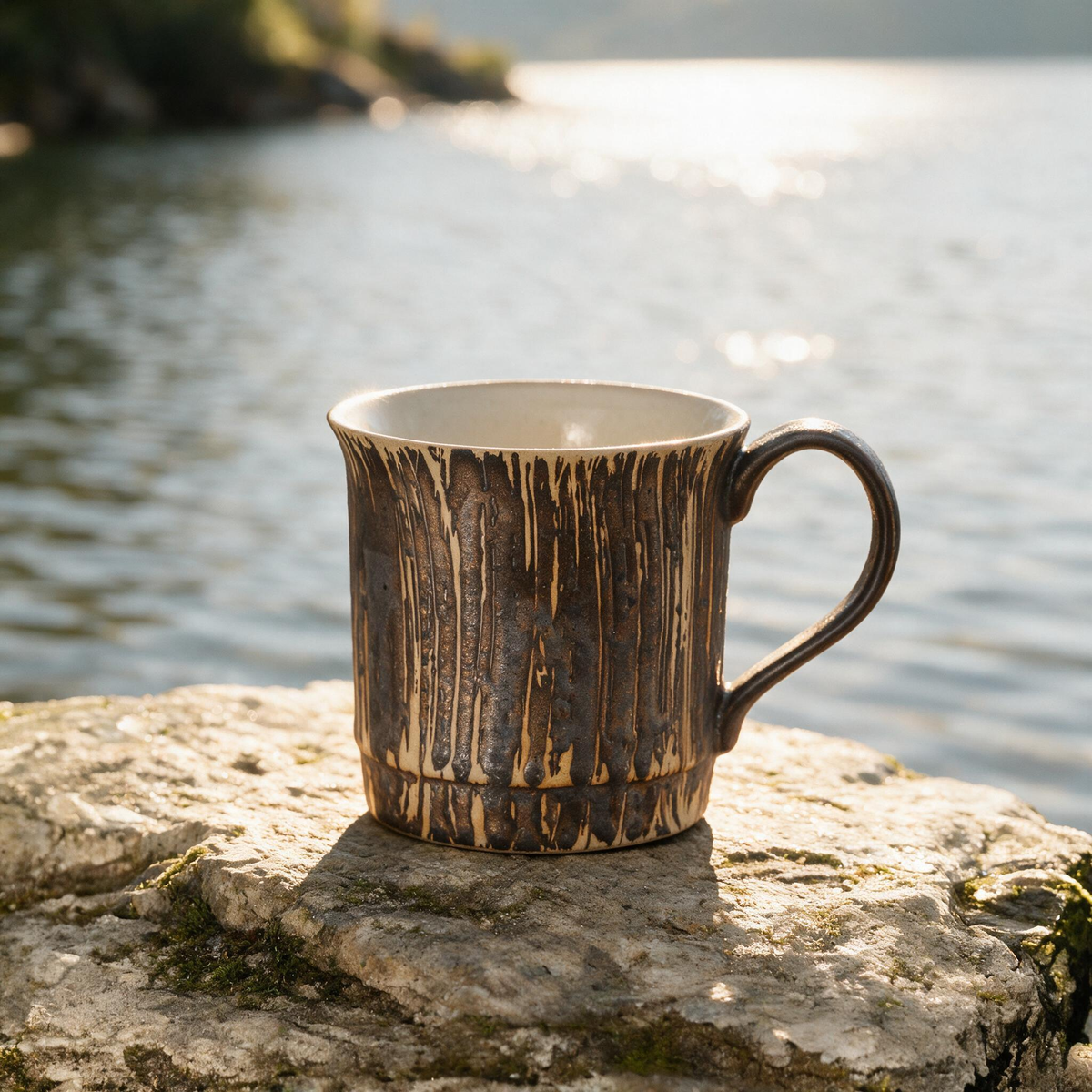 Artisanal Handcrafted Ceramic Coffee Mug – 9 oz Rustic Brown & Beige Vertical Drip Glaze Stoneware Cup with Textured Finish – Unique Pottery Tea Cup for Home & Office