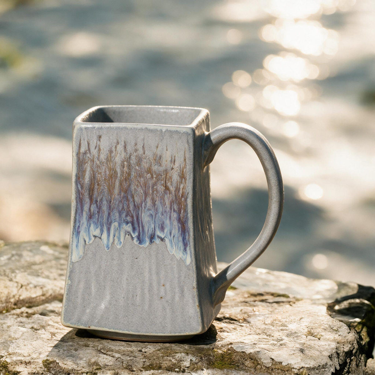Artisanal Handcrafted Ceramic Coffee Mug – 17 oz Rustic Grey Drip Glaze Stoneware Cup with Vertical Texture – Large Square Pottery Tea Cup for Home & Office