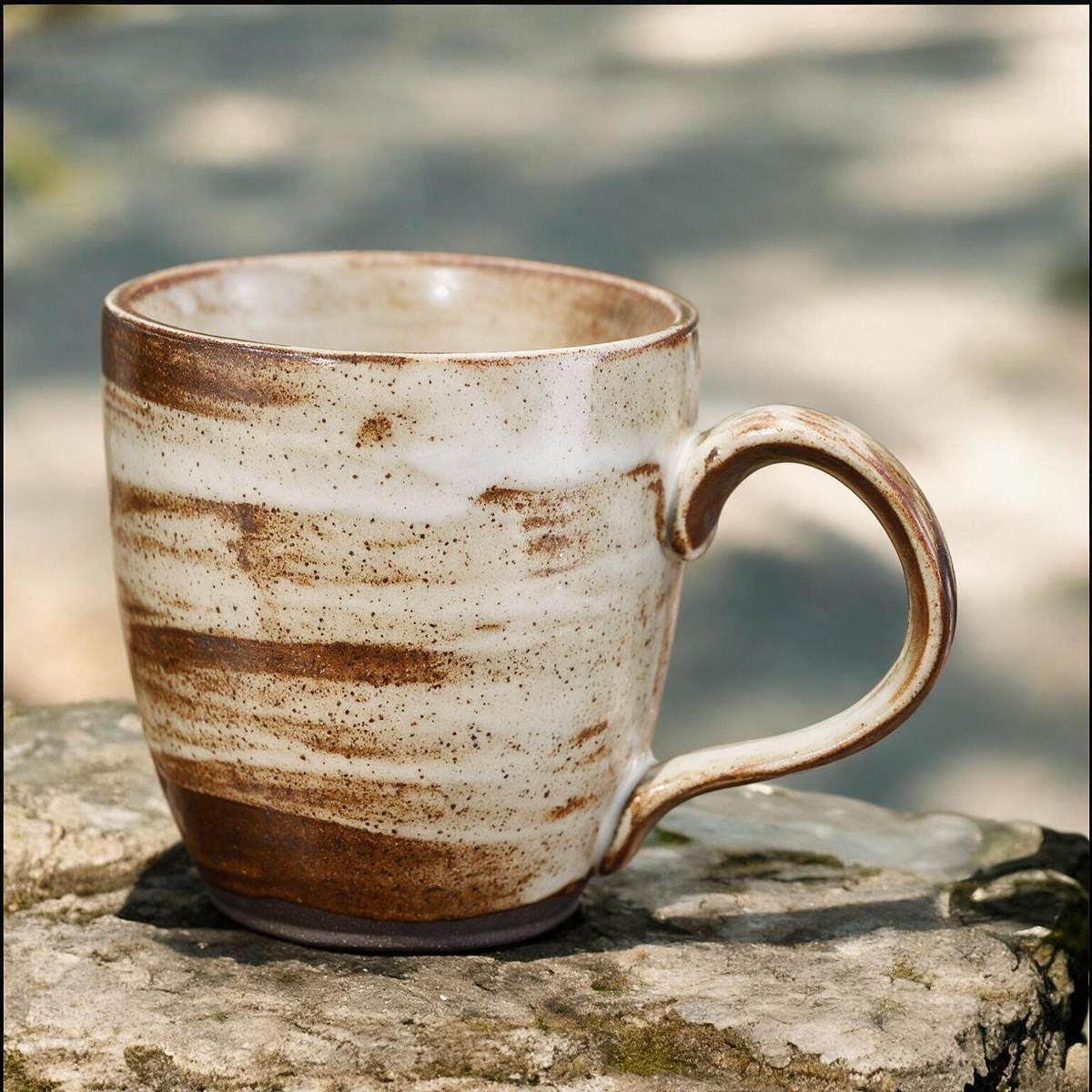Artisanal Handcrafted Ceramic Coffee Mug – 8 oz Japanese Vintage Style Stoneware Cup with Rustic Beige & Brown Brushstroke Glaze – Unique Pottery Tea Cup for Home & Office