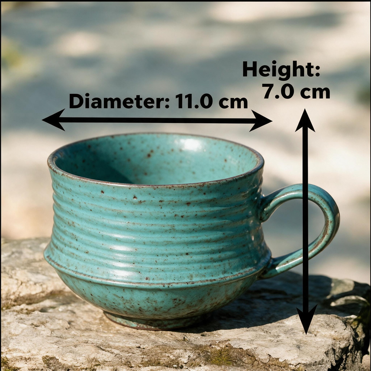 Artisanal Handcrafted Ceramic Coffee Mug – 7.5 oz Rustic Turquoise Blue Stoneware Cup with Ribbed Texture & Speckled Glaze – Unique Pottery Tea Cup for Home & Office