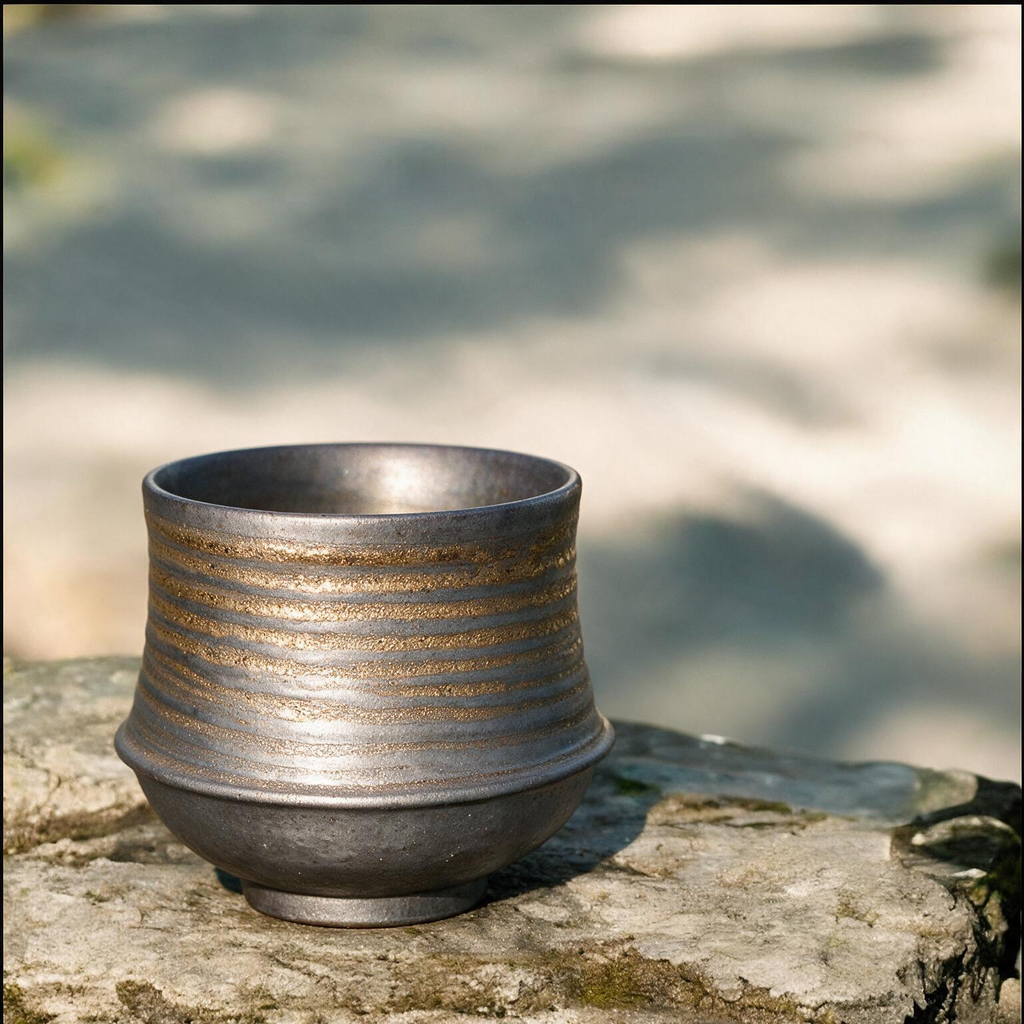 Artisanal Handcrafted Ceramic Coffee Cup – 7.5 oz Rustic Grey & Gold Stoneware Tumbler with Ribbed Texture – Unique Pottery Tea Cup for Home & Office