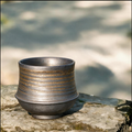Artisanal Handcrafted Ceramic Coffee Cup – 7.5 oz Rustic Grey & Gold Stoneware Tumbler with Ribbed Texture – Unique Pottery Tea Cup for Home & Office