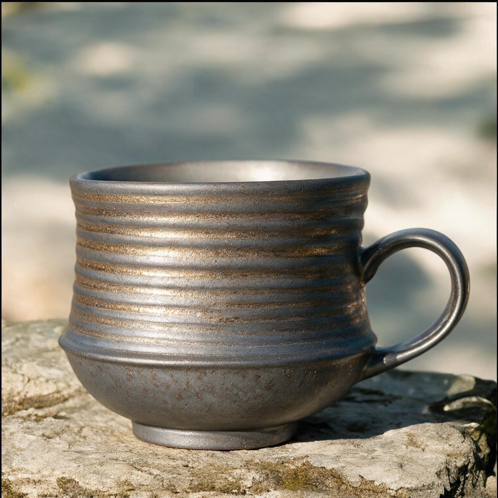Artisanal Handcrafted Ceramic Coffee Mug – 7.5 oz Rustic Grey & Gold Stoneware Cup with Ribbed Texture & Speckled Glaze – Unique Pottery Tea Cup for Home & Office